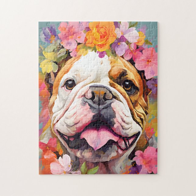 Puzzle Bulldog avec couronne de fleurs (Vertical)