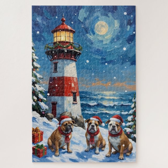 Puzzle Bulldog Christmas Lighthouse Holiday (Vertical)