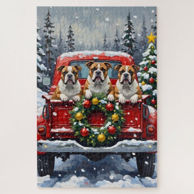 Puzzle Bulldog Christmas Red Truck Holiday (Vertical)
