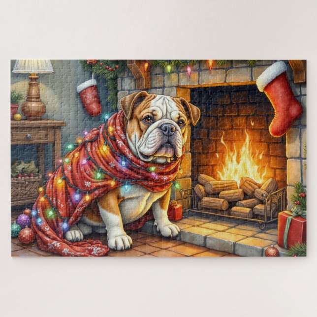 Puzzle Bulldog Sitting by Fireplace with Christmas Lights (Horizontal)