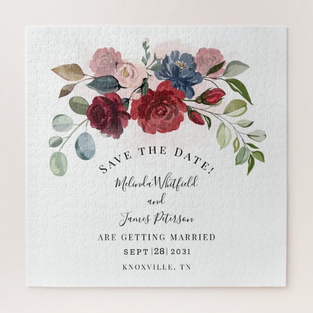 Puzzle Burgundy Bloom Rustic Floral Save The Date (Vertical)
