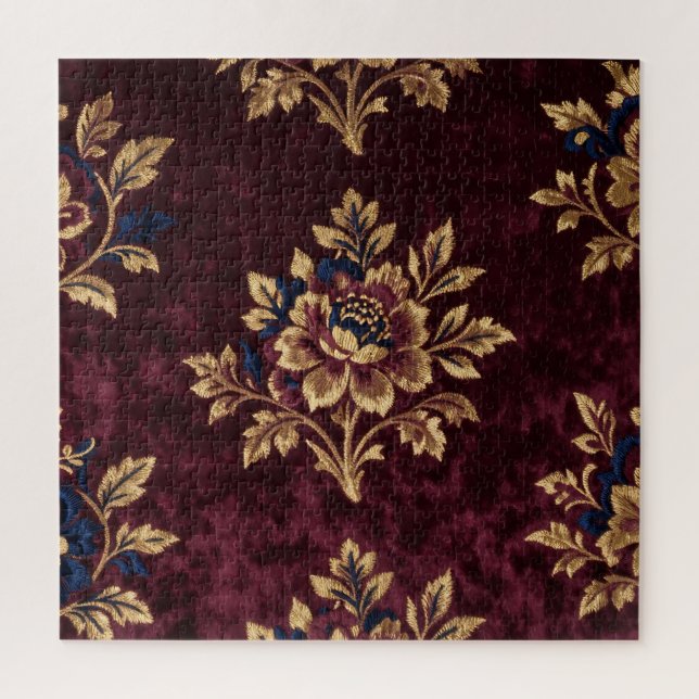 Puzzle Burgundy Velvet Peony Gold Embroidery Floral  (Vertical)