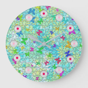 Puzzle Butterflies and Daisies-Colourful by STaylo Large Clock