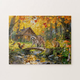 Puzzle Cabane de forêt automnale avec animaux de la forêt