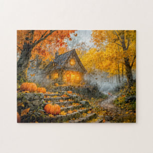 Puzzle Cabane de forêt d'Halloween avec citrouilles, chem