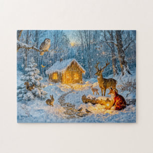 Puzzle Cabane de forêt hivernale avec cerf, renard et hib