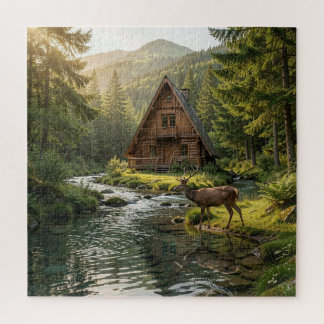 Puzzle Cabane en rondins, ruisseau, montagnes et cerfs Ar