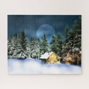 Puzzle Cabane en rondins rustique pleine lune