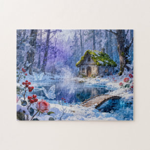 Puzzle Cabane enneigée de la forêt enchantée avec pont et