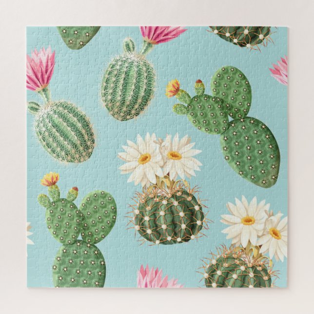 Puzzle Cactus, fleurs roses : décor clair (Vertical)
