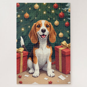 Puzzle Cadeau du matin de Noël Beagle - Peinture de débal