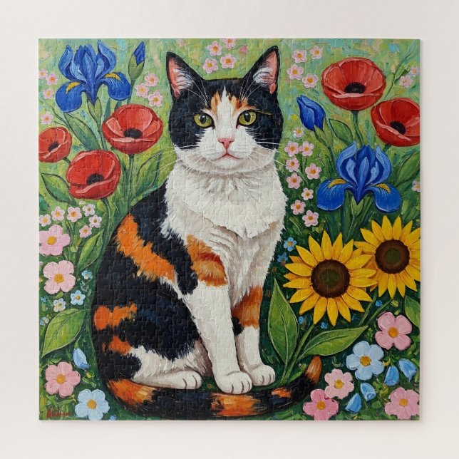 Puzzle Calico Cat and Folk Art Sunflowers (Vertical)