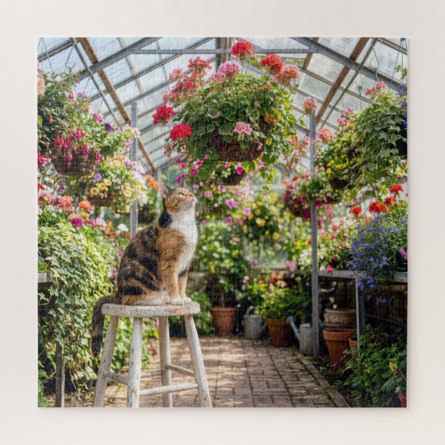 Puzzle Calico Cat on a Stool in a Greenhouse (Vertical)