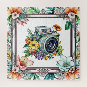 Puzzle Caméra vintage avec aquarelle de jolies fleurs