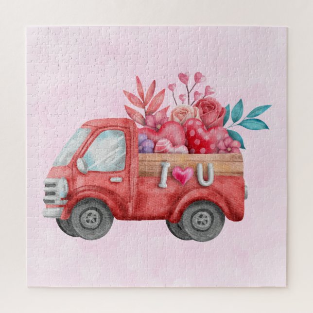 Puzzle Camion d'amour mignon avec Coeur Cargo Aquarelle (Vertical)