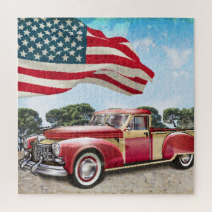 Puzzle Camion de ramassage rouge : Drapeau américain Vint