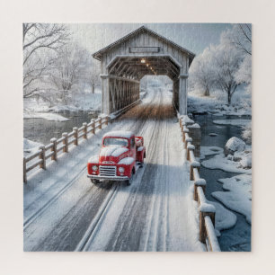 Puzzle Camion Rétro et Pont Couvert d'Hiver