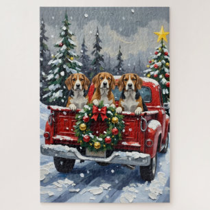 Puzzle Camion rouge de Noël Beagle Fêtes