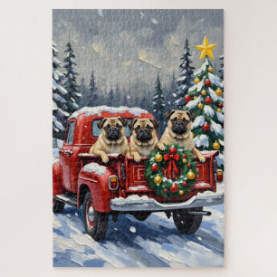 Puzzle Camion rouge de Noël Pug Fêtes