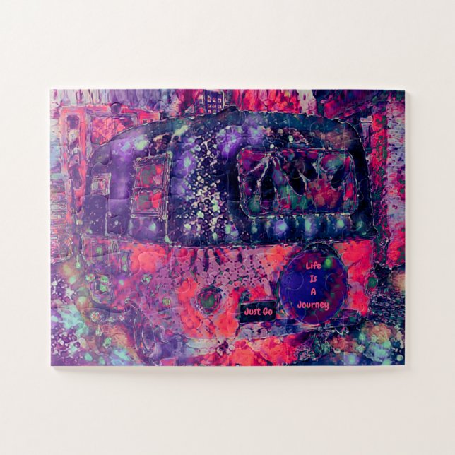Puzzle Camper Rétro violet rose Hippie Boho Chic (Horizontal)