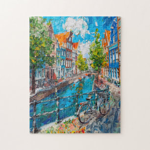 Puzzle Canal avec vélos et maisons colorées peinture