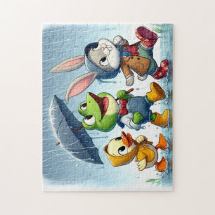 Puzzle Canard mignon, grenouille, lapin sous la pluie