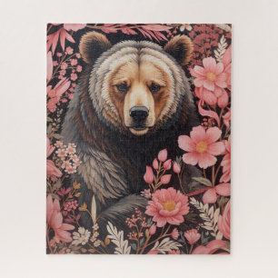 Puzzle Captivant Brown Ours Gaze Fleurs roses