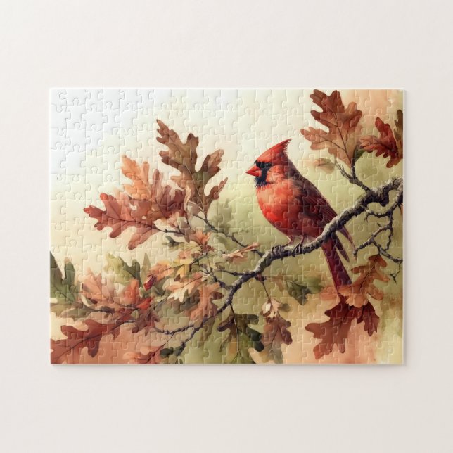 Puzzle Cardinal d'aquarelle et chêne d'automne Feuilles (Horizontal)