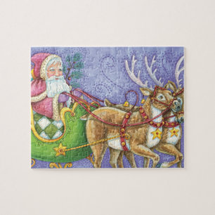 Puzzle Caricature de Noël Santa Claus Sleigh Reindeer