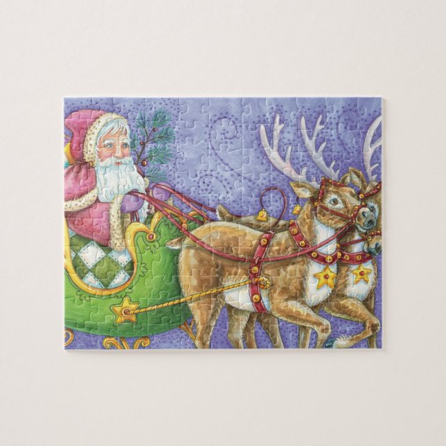 Puzzle Caricature de Noël Santa Claus Sleigh Reindeer (Horizontal)