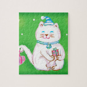 Puzzle Caricature mignonne Chat de Noël portant un chapea
