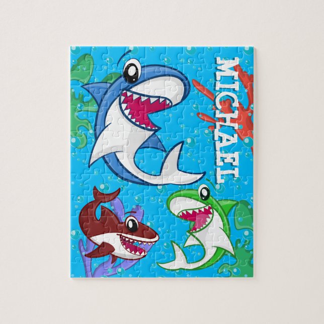 Puzzle Caricature pour enfants requin sous-marin Bleu Océ (Vertical)
