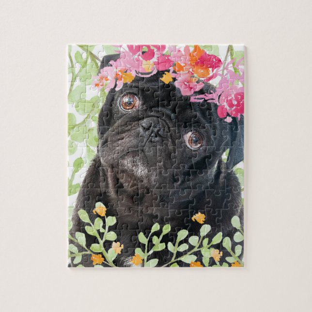 Puzzle Carlin adorable avec fleurs d'aquarelle (Vertical)