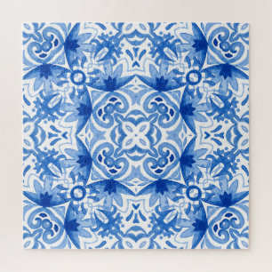 Puzzle Carrelage blanc bleu, motif aquarelle sans couture