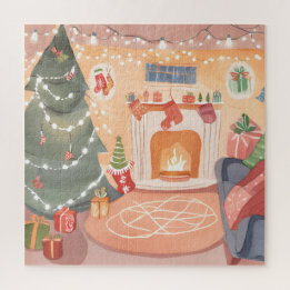 Puzzle Carte de Noël à cheminée à l'aquarelle