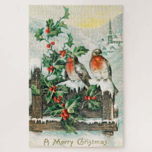 Puzzle Carte de Noël vintage avec rouges-gorges, houx, ég