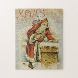 Puzzle Carte de Noël vintage, Père Noël, Cheminée