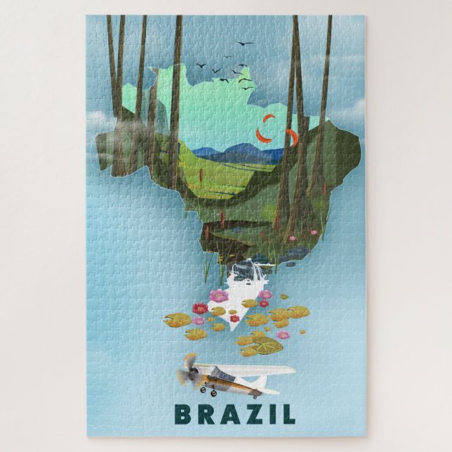 Puzzle Carte du Brésil Affiche de voyage illustrée (Vertical)