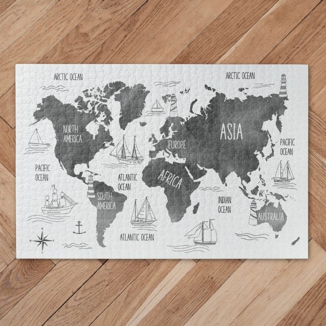 Puzzle Carte du monde Art Noir Blanc Nautical (Close up)