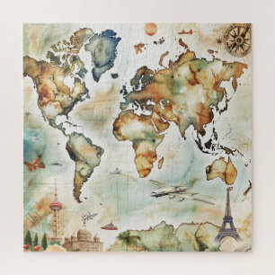 Puzzle Carte du monde vintage design voyage aventure