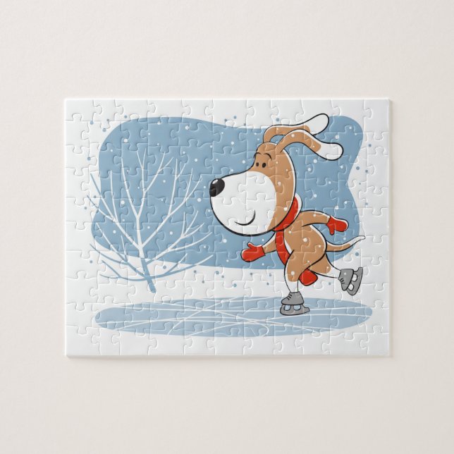 Puzzle Cartoon Chien mignon Chien Chiot Patinage sur glac (Horizontal)