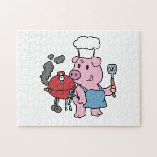 Puzzle Cartoon pig making bbq choose backgror