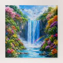 Cascade magique avec arc-en-ciel et fleur colorée