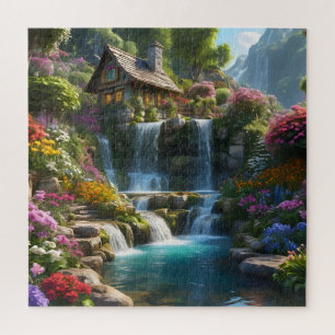 Puzzle Cascades cabines de montagne paisibles fleurs