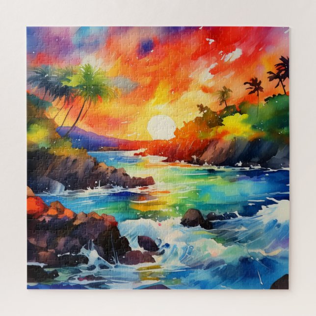 Puzzle casse-tête de la scène de l'aquarelle tropicale (Vertical)