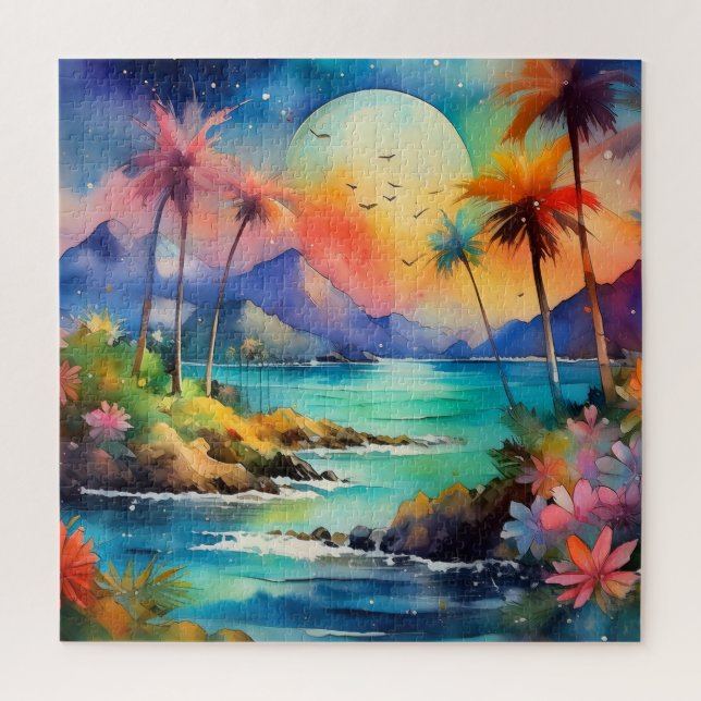 Puzzle casse-tête de la scène de l'aquarelle tropicale (Vertical)