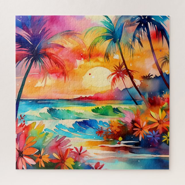 Puzzle casse-tête de la scène de l'aquarelle tropicale (Vertical)