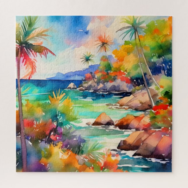 Puzzle casse-tête de la scène de l'aquarelle tropicale (Vertical)