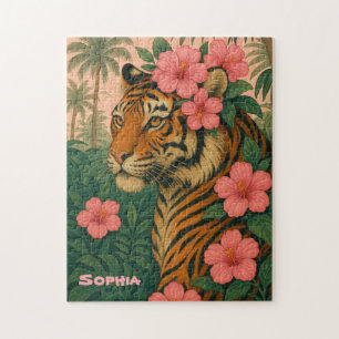 Puzzle Casse-tête Tigre Vintage avec Fleurs Tropicales Ro