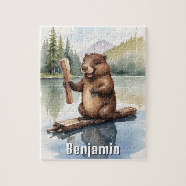 Puzzle Castor mignon avec Stick Kids Personnalisé (Vertical)